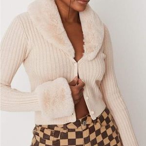 Cream Rib Faux Fur Trim Knit Cardigan from Missguided (US 4/Small)